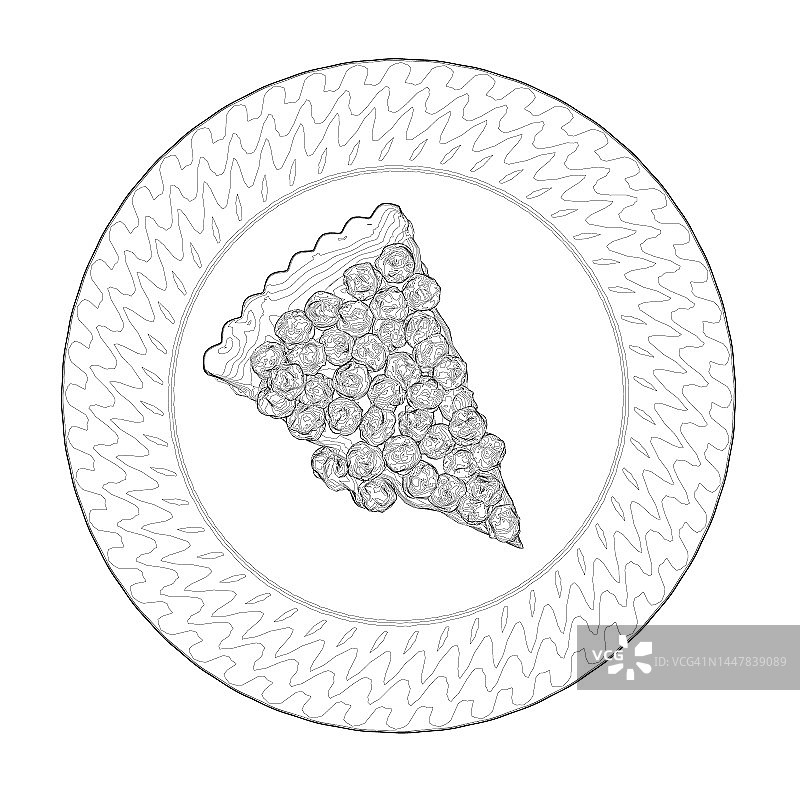 一块派的轮廓，盘子上有浆果，黑色线条孤立在白色背景上。从上面看。3 d。矢量插图。图片素材