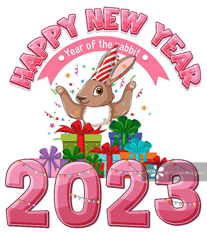 新年快乐文字与可爱的兔子为横幅设计图片素材