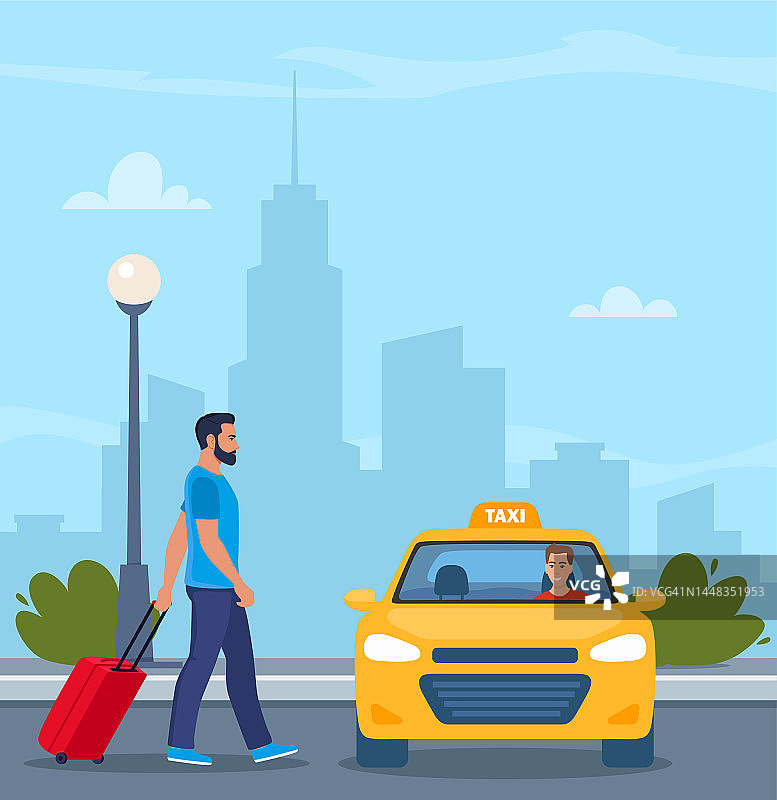 提着行李箱的男人打车。城市背景。黄色出租车，正面。出租车司机面带微笑。平面矢量图。图片素材