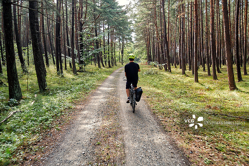 一个男孩骑着自行车穿过森林的后视图。图片素材