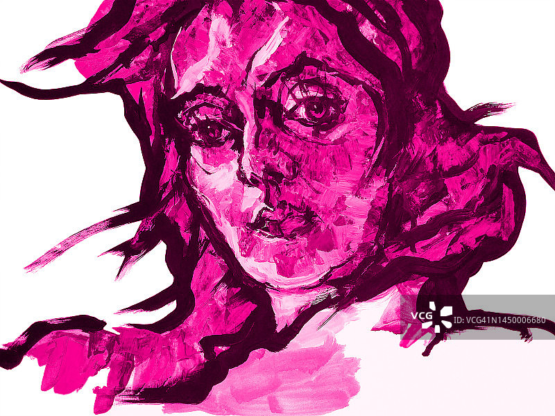 插图艺术油画肖像的一个年轻女子在粉红色的白色背景图片素材
