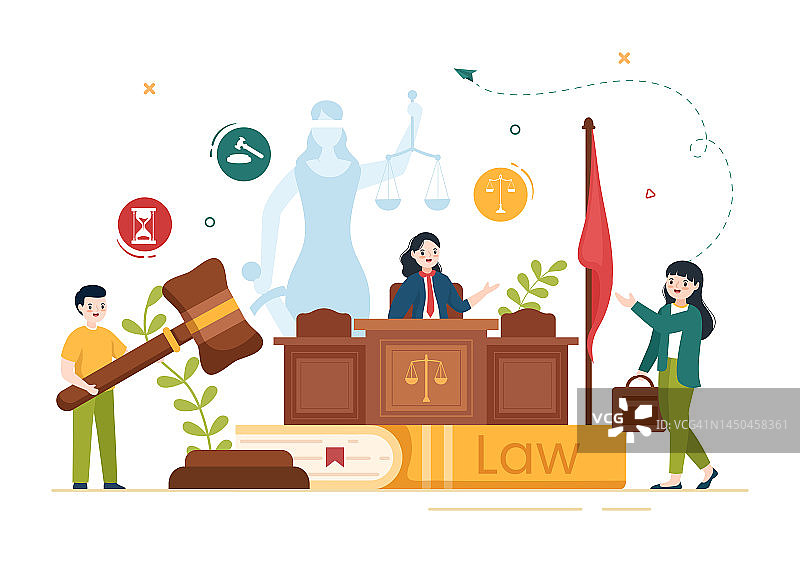 律师事务所服务与正义，法律咨询，判决和律师顾问在平面卡通海报手绘模板插图图片素材