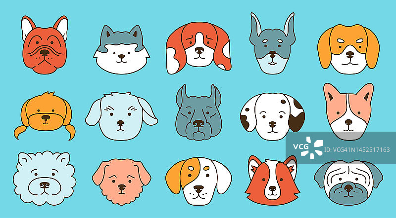 狗表情情感卡通人物轮廓集可爱的小狗嘴巴涂鸦微笑搞笑贴纸图片素材