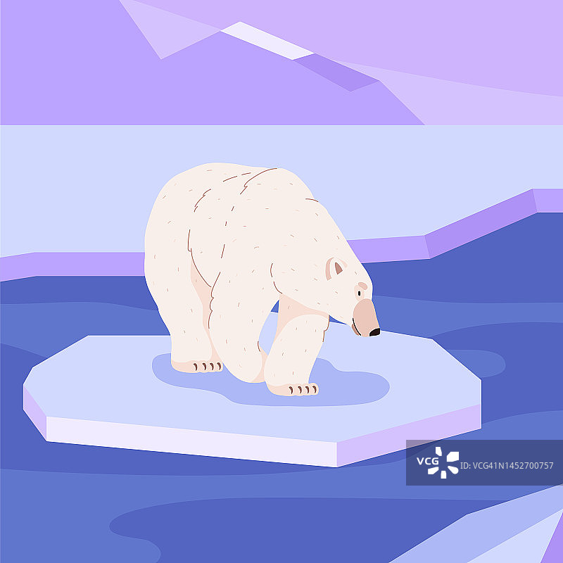 可爱的北极熊走在浮冰上，卡通平面矢量插图。图片素材