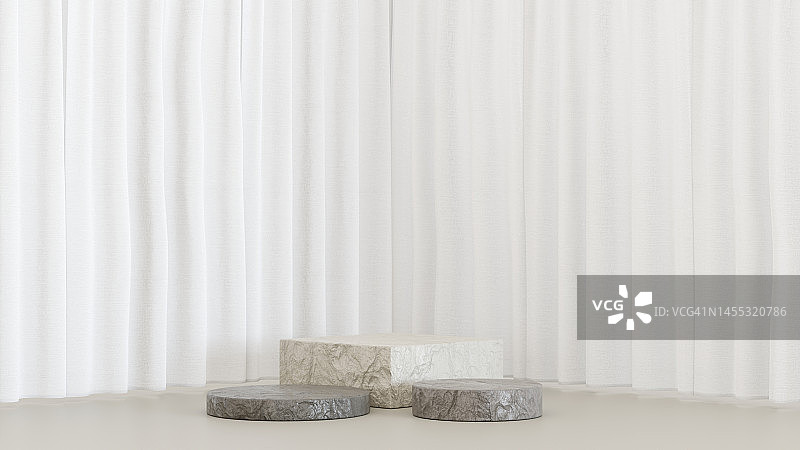 三维渲染石台与白色窗帘背景，白色铜图片素材