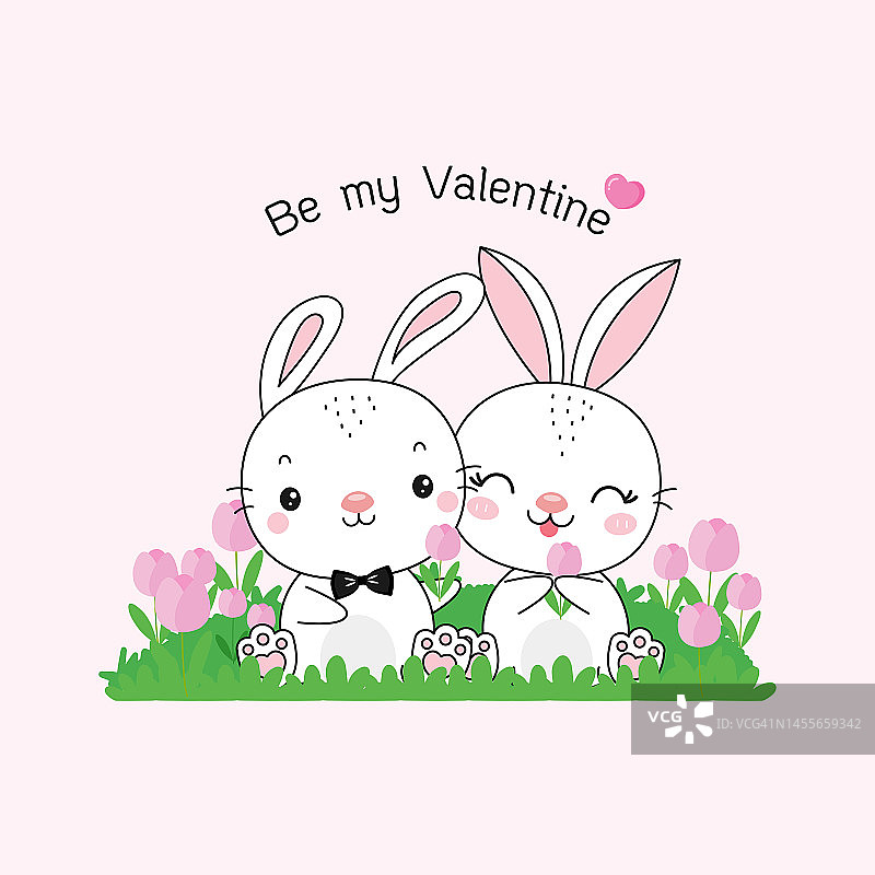 情侣兔子一起在花场上给花卡通平面矢量插图。图片素材