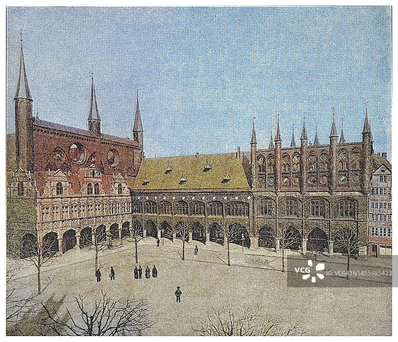Old engraved illustration  of Town Hall, part of the UNESCO World Heritage Site of the Hanseatic City of Lübeck, Germany图片素材