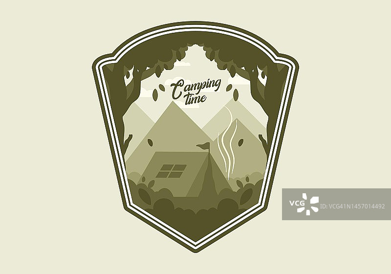 彩色平面插图的户外露营在森林与山景图片素材