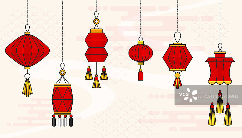 中国红灯笼套装。挂纸灯。中国新年。图片素材