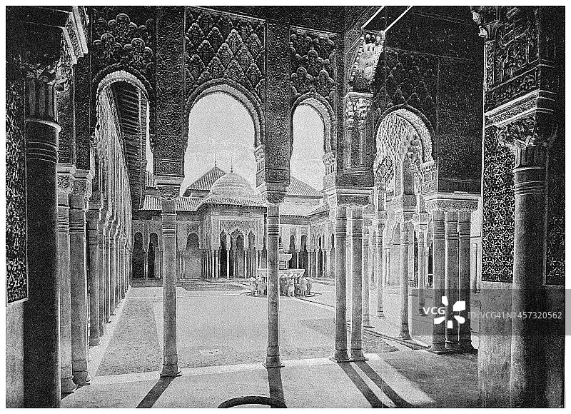 古老的阿尔罕布拉宫雕刻插图，摩尔人观赏图片素材