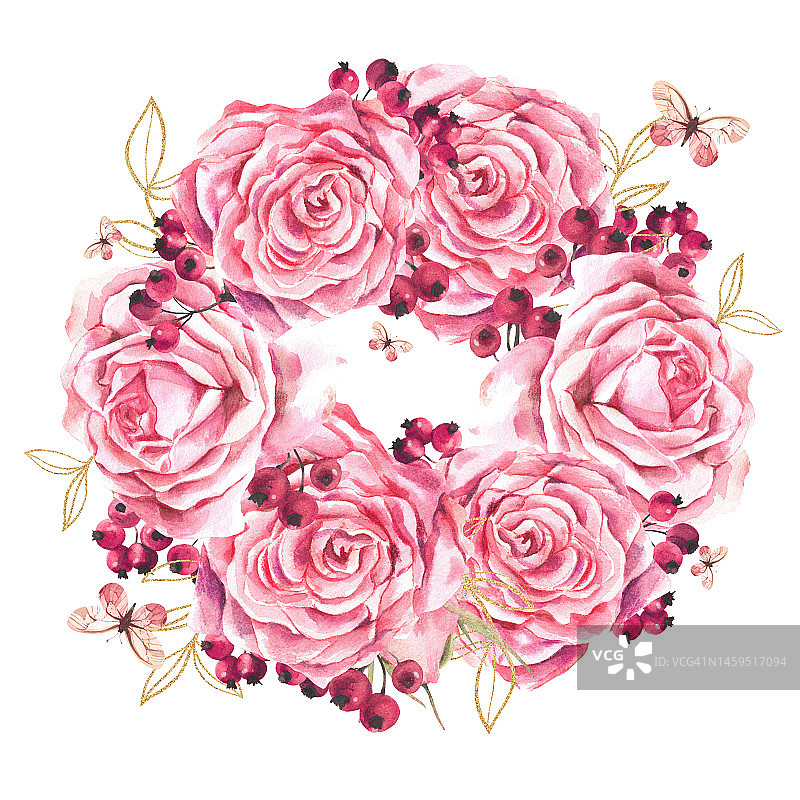 粉红色玫瑰的圆形组合，浆果?S，金色的树枝和白色背景上的蝴蝶。水彩插图。图片素材