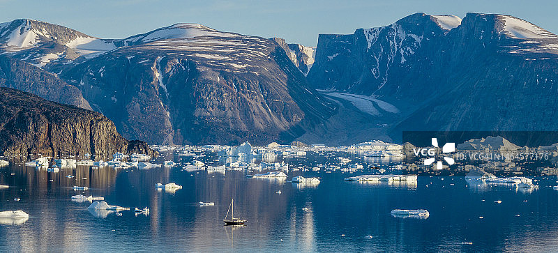 格陵兰岛乌玛纳克峡湾探险游艇和冰川冰山的鸟瞰图图片素材