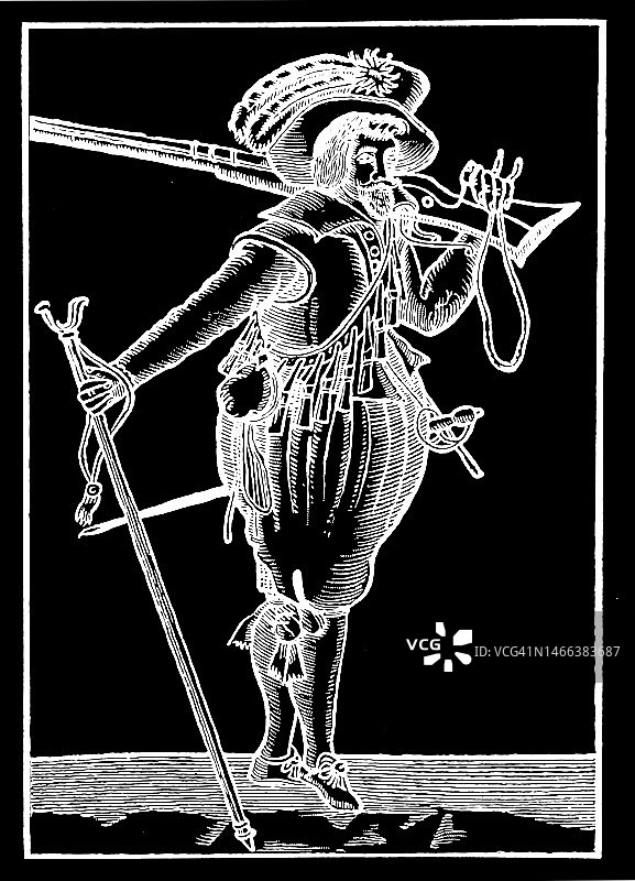 古老的雕刻插图的皮克曼，火枪手在国王詹姆斯一世统治时期图片素材