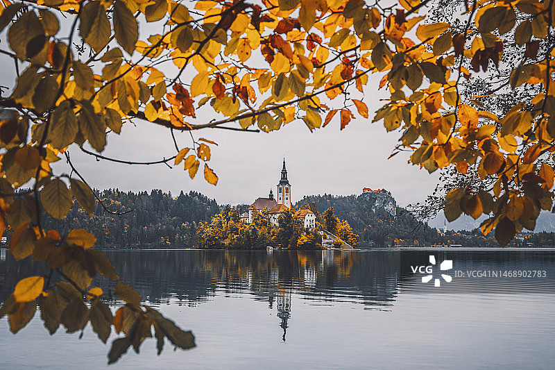 斯洛文尼亚戈伦尼斯卡的布莱德湖和布莱德岛的美丽秋景图片素材
