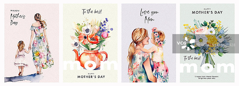 一套母亲节卡片，上面有可爱的时髦水彩画的妈妈和女儿，春天的花束，现代的排版和节日的祝福。母亲节的海报，封面，横幅模板图片素材
