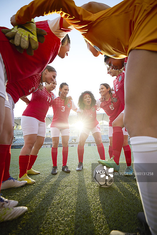一群充满动力的职业女子足球运动员聚在一起，在球场上制定战略图片素材