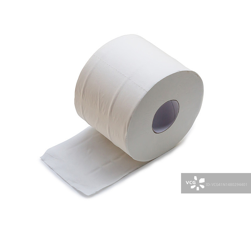 为厕所或洗手间准备的单卷白色卫生纸或餐巾纸的特写照片，在白色背景上与剪贴路径隔离图片素材