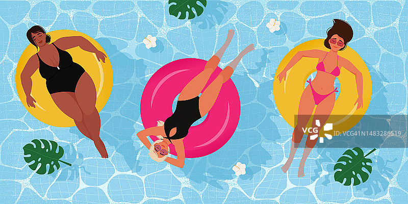 穿着泳装的女士们站在游泳池的充气圈上。矢量插图在平面风格图片素材