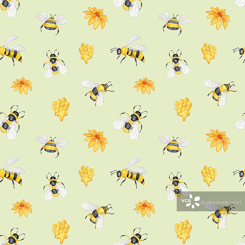 水彩无缝图案与蜜蜂，花朵和蜂巢。养蜂。蜂蜜产品包装设计。图片素材