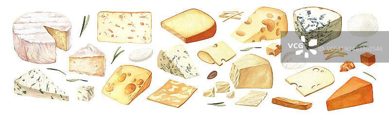 水彩画各种奶酪切块，牛奶乳制品。美味的食物手绘插图孤立的白色背景。适合菜单，食谱，标签，包装设计图片素材