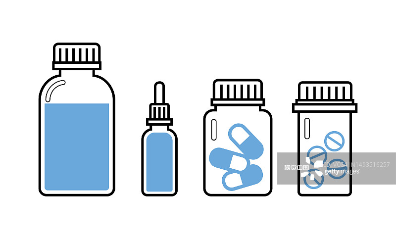 药物和药丸瓶图标设置在平面设计风格。保健和医疗，药物和抗生素制药的概念。图片素材