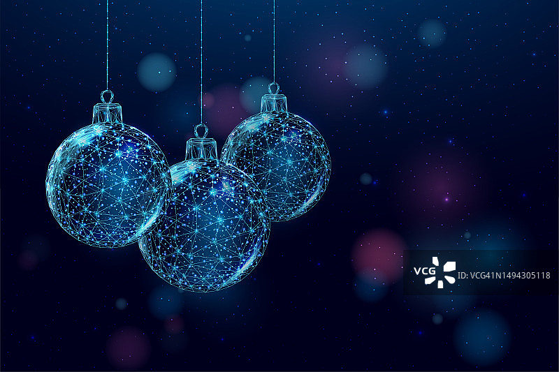 线框圣诞球，低聚风格。圣诞快乐，新年快乐。抽象的现代三维矢量插图上的蓝色背景。图片素材