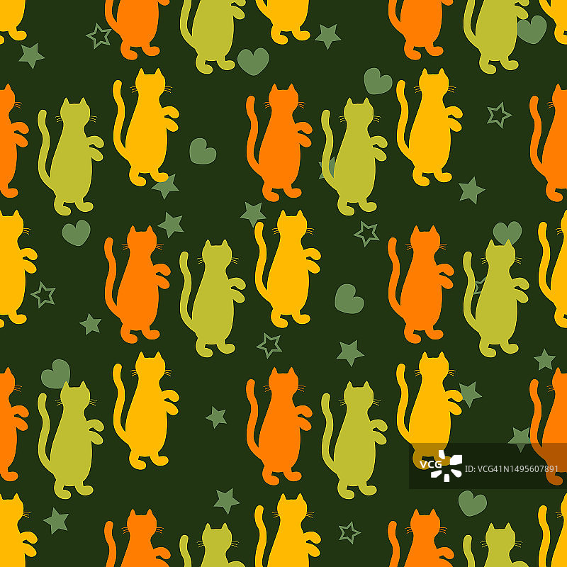 无缝图案与可爱的艺术彩色小猫在绿色的背景。图片素材