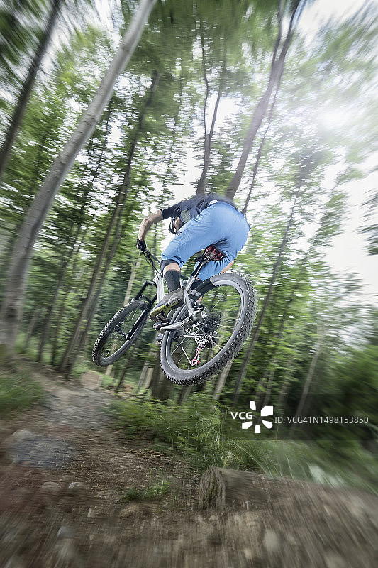 在德国巴伐利亚州的森林里，一名山地自行车手在单行道上表演自行车跳跃图片素材