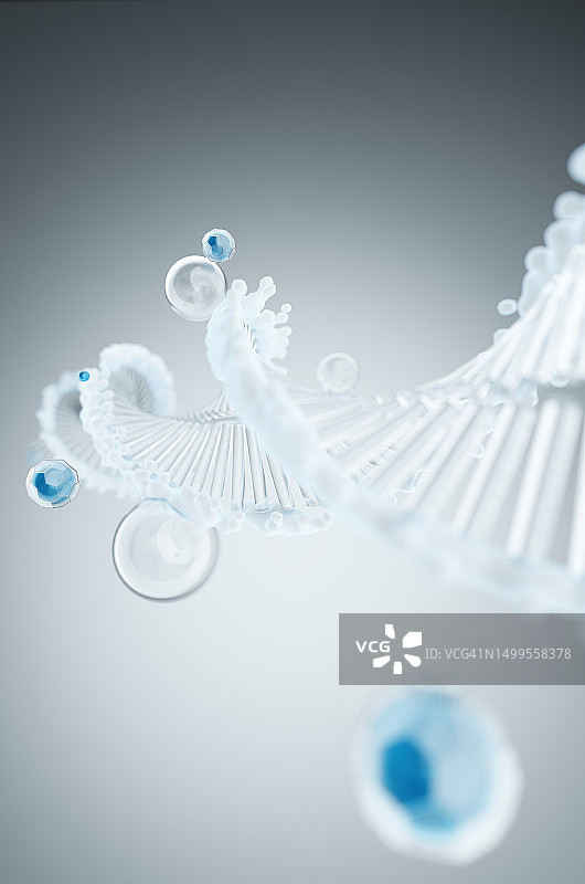 显微镜下的DNA螺旋，螺旋周围有透明分子。图片素材