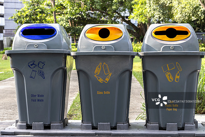 废物回收箱，上面标有公园内废物的种类图片素材