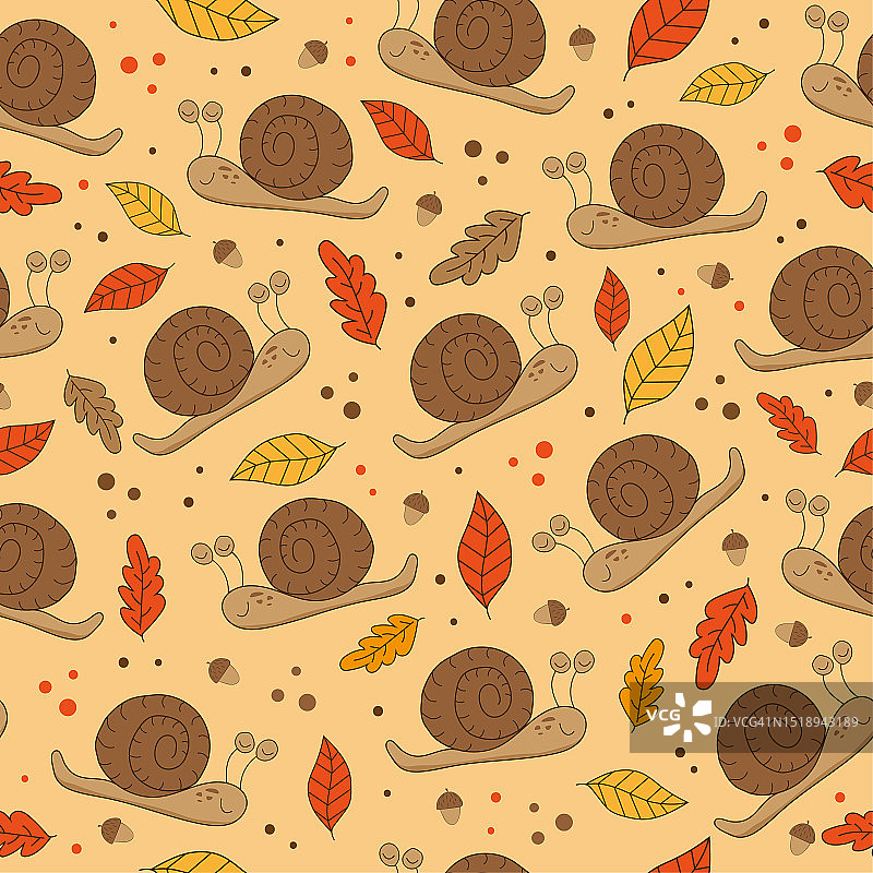 用蜗牛、橡子和秋叶做成的秋日无缝图案图片素材