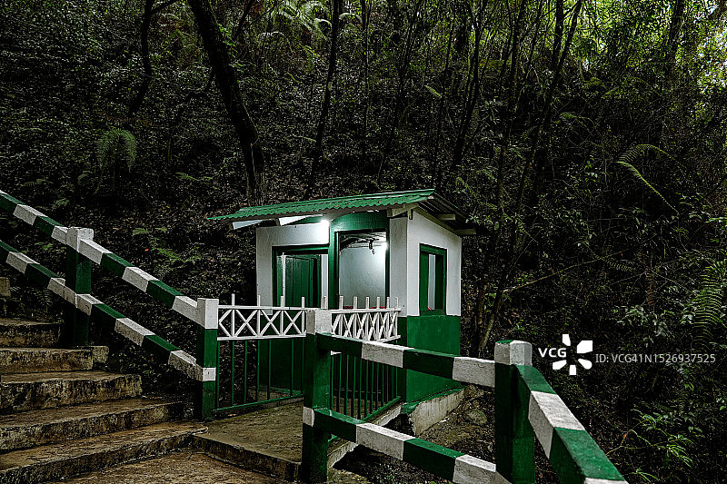 热带雨林公园里的白绿小屋图片素材