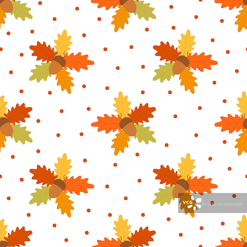 秋天的背景与橡子和秋天的橡树叶在橙色，米色，棕色和黄色。无缝图案壁纸，礼品纸，图片文件，网页背景，秋季贺卡。图片素材