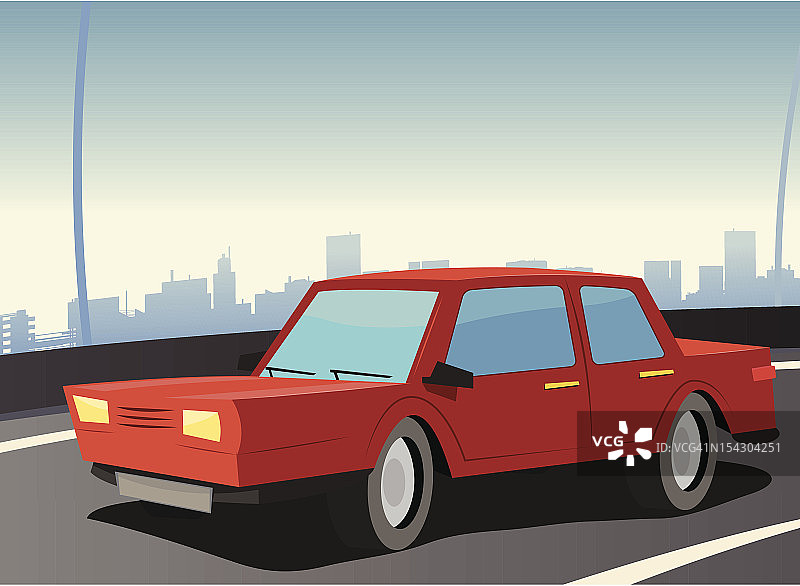 红色汽车在城市高速公路上图片素材