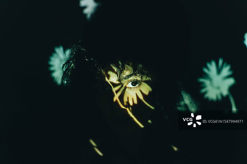 一朵花的亮点上的雌性眼睛。雏菊在黑色背景上的投影。图片素材