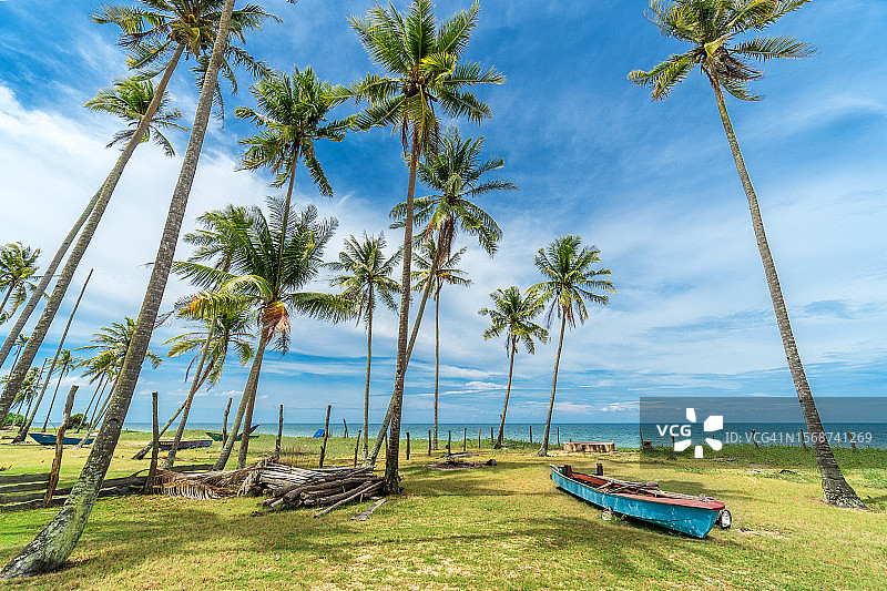 美丽的热带海滩，渔村，椰子树和蓝天。图片素材