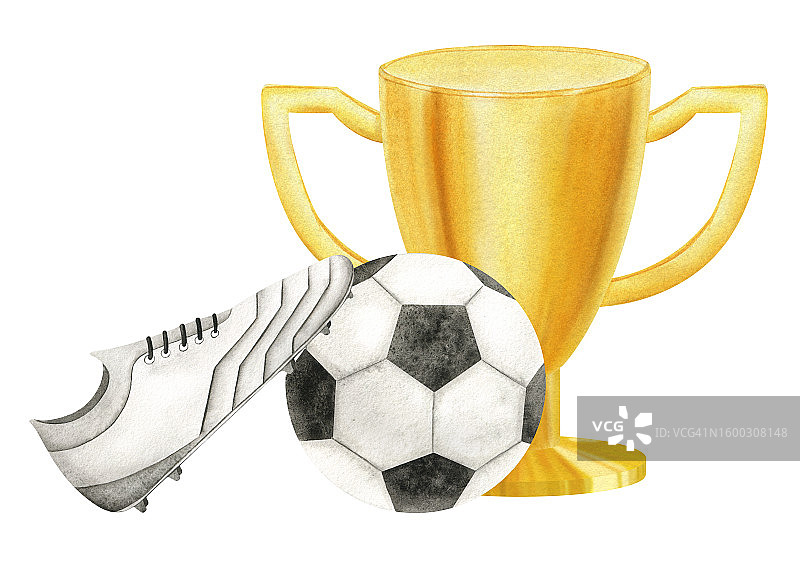 配有足球和足球鞋的金杯。足球比赛。冠军金杯。冠军奖杯，第一名，胜利。体育竞赛的属性。水彩插图。孤立。图片素材