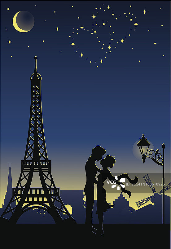 巴黎一对夫妇的剪影。图片素材