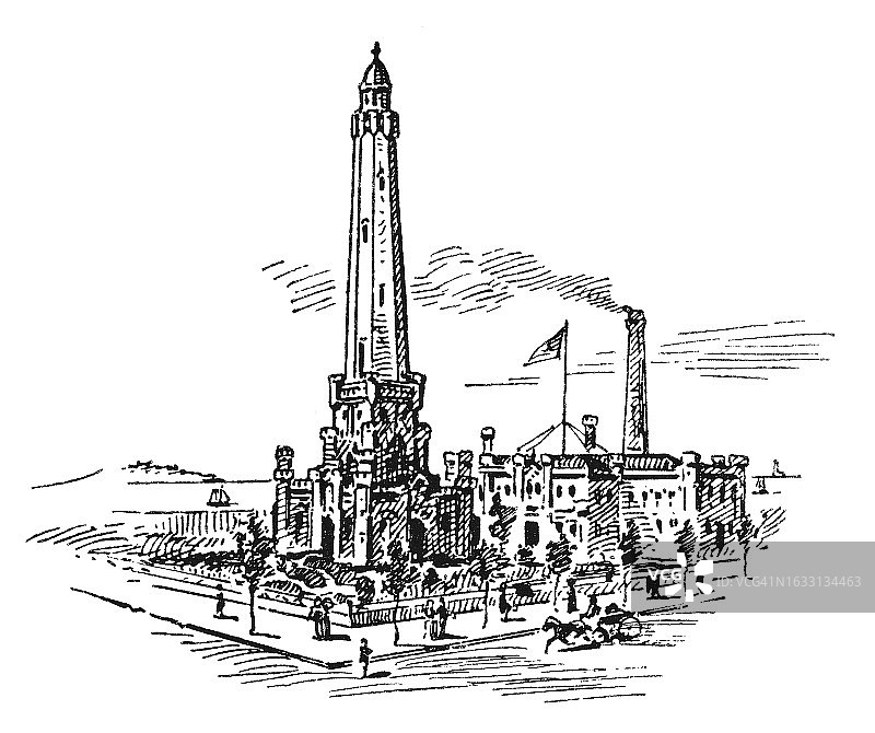 芝加哥水塔的旧雕刻插图，是美国伊利诺伊州芝加哥市老芝加哥水塔区的重要财产和地标(已列入国家史迹名录)。图片素材