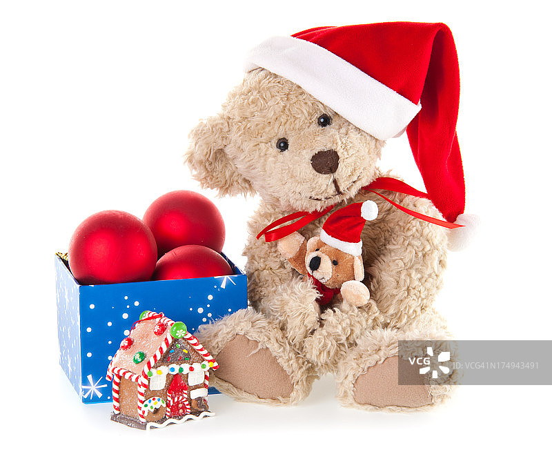 节日泰迪熊与圣诞礼物和装饰品图片素材