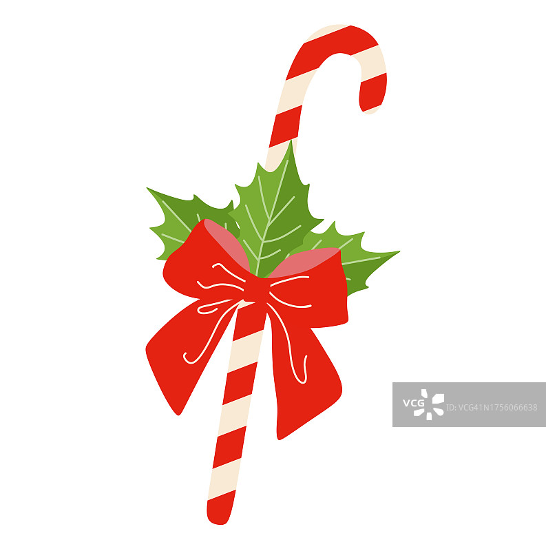 圣诞糖果手杖与冬青叶和红丝带蝴蝶结。矢量平面样式插图。季节性圣诞装饰孤立的白色，条纹甜，彩色设计元素的明信片，横幅，贴纸图片素材
