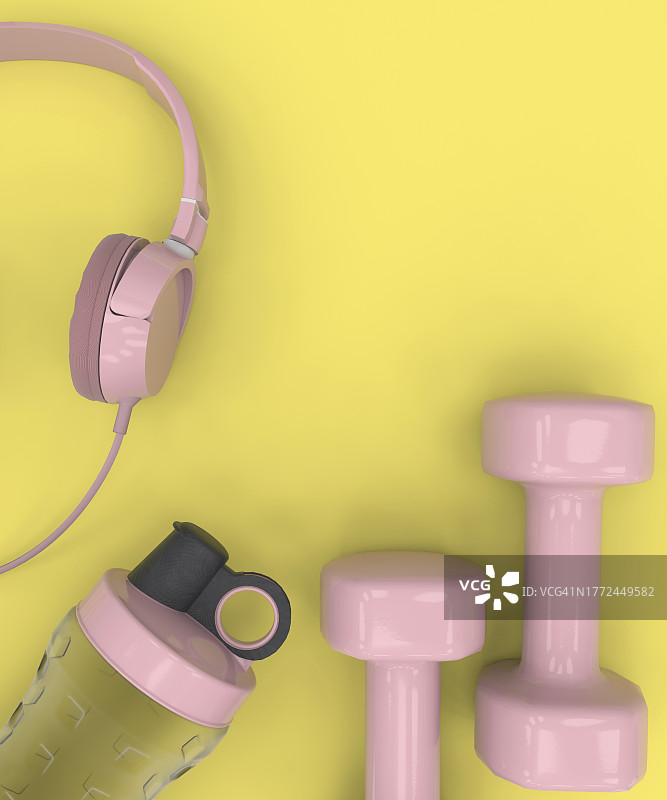粉红色的水瓶与重量和耳机在健身风格的布局在一个黄色的桌子3d渲染图片素材