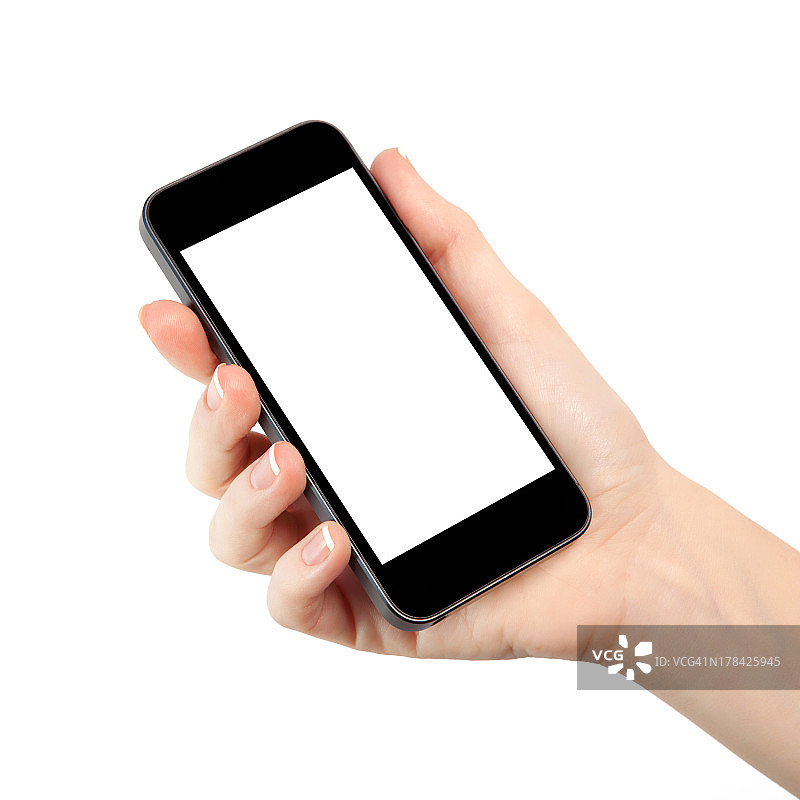 女人的手和黑色的智能手机在白色图片素材
