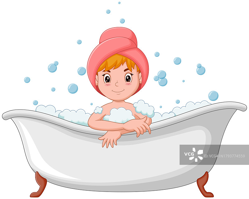 快乐的女孩在浴缸里洗澡。矢量图图片素材
