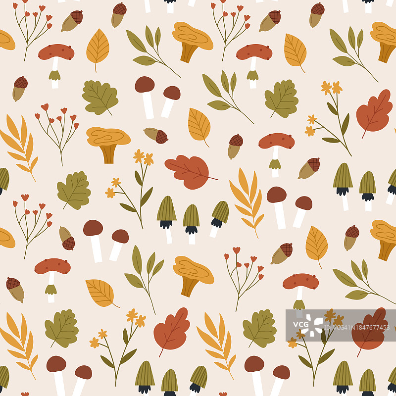 秋天无缝图案的树叶，花朵，蘑菇和橡子。图片素材