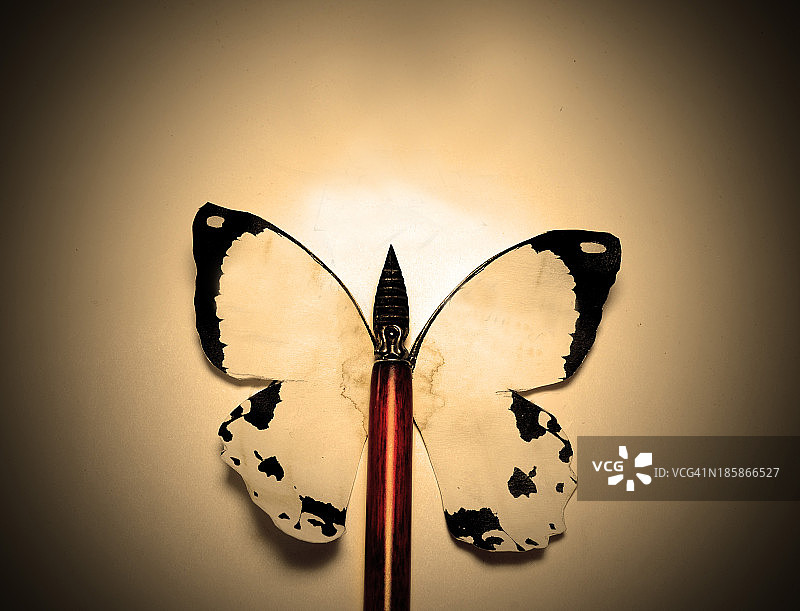 纸蝴蝶和木笔的概念形象图片素材
