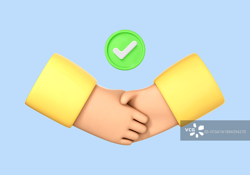 握手被隔离在蓝色背景上。批准手势图标。经营理念:合伙，合作，成功成交。握手符号。矢量三维插图图片素材