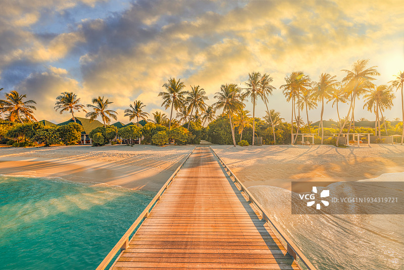 最好的夏日旅行日落。马尔代夫群岛，热带天堂海岸，棕榈树，沙滩与木制码头。异国度假胜地风景优美，海滩背景。惊人的日出波束天空大海，梦幻图片素材