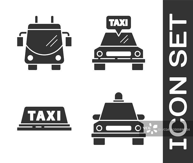 设置出租车，无轨电车，出租车车顶和出租车图标。向量图片素材