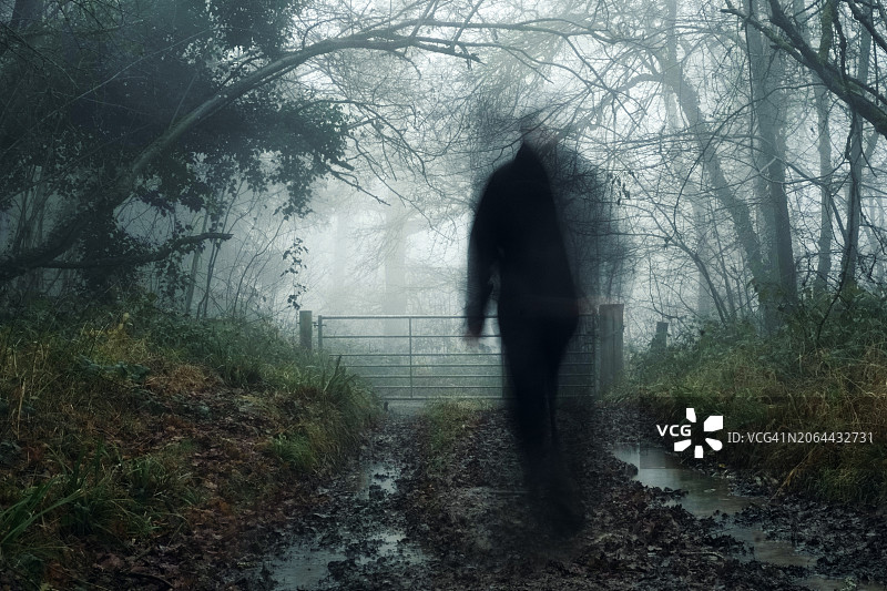 一个令人毛骨悚然的幽灵般的身影。沿着森林小径散步。在一个雾蒙蒙的冬日。图片素材